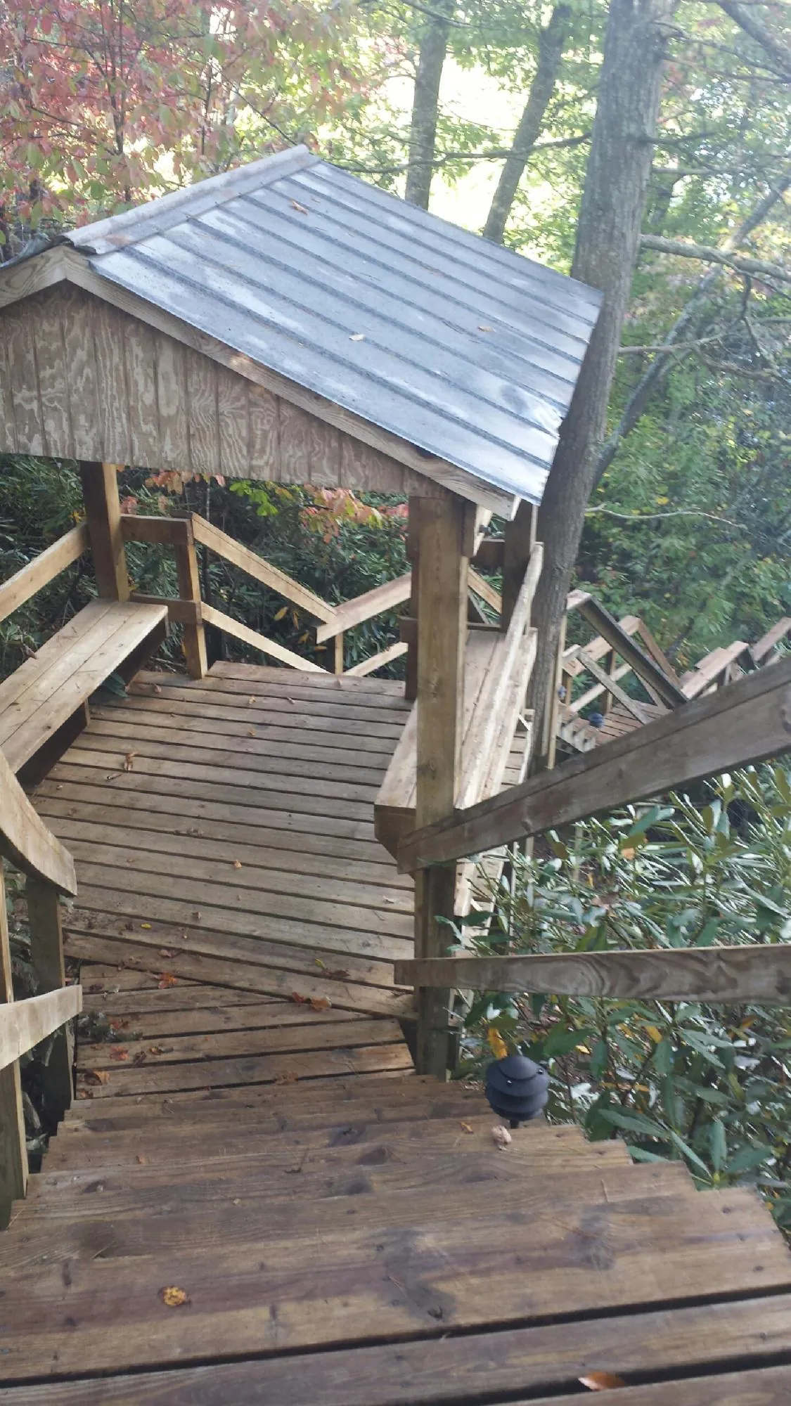 Metal roofed shelter over wooden steps on a wooded walkway — Skylight Repair & Installation work by our crew in Medaryville